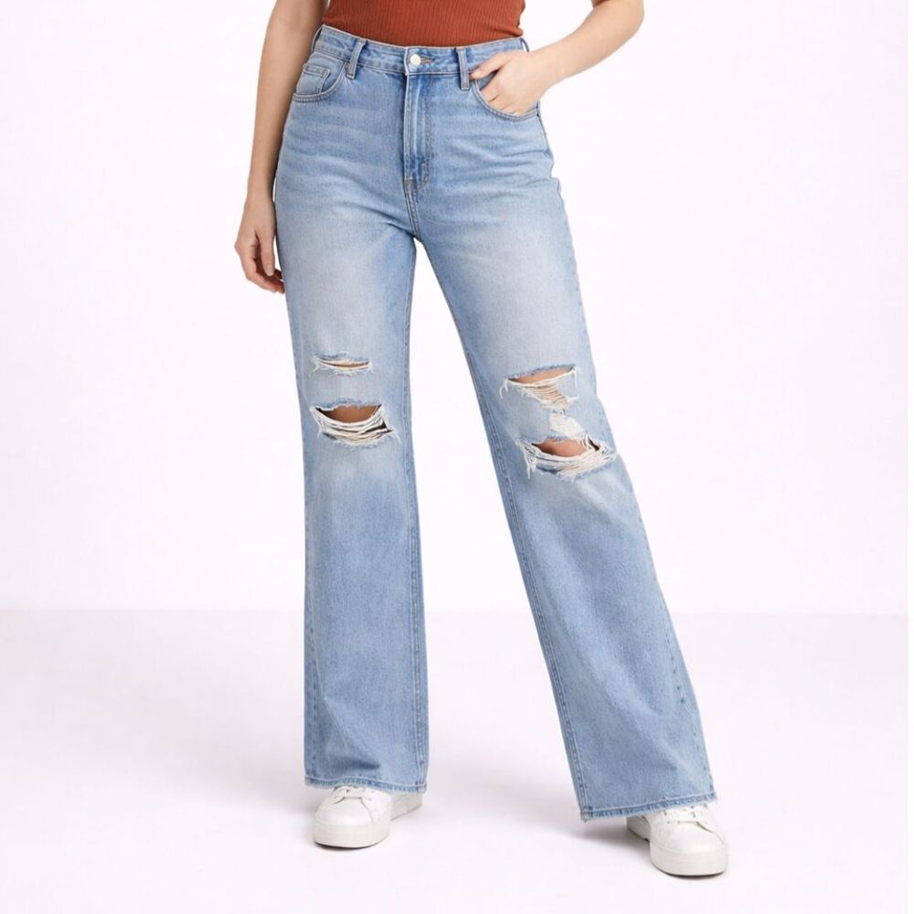 AE77 Organic Cotton The Crop Flare Busted Knee Jeans Blue 33 - Picture 2 of 13